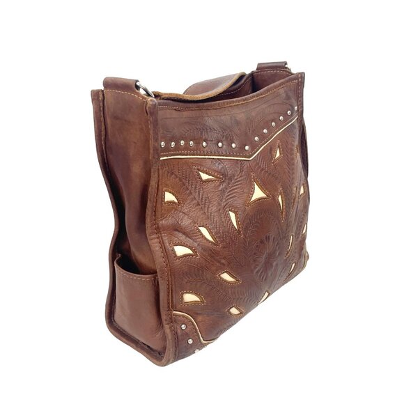 Handcrafted Brown White  Hand Tooled Leather Shoulder Bag Vintage - Picture 7 of 14